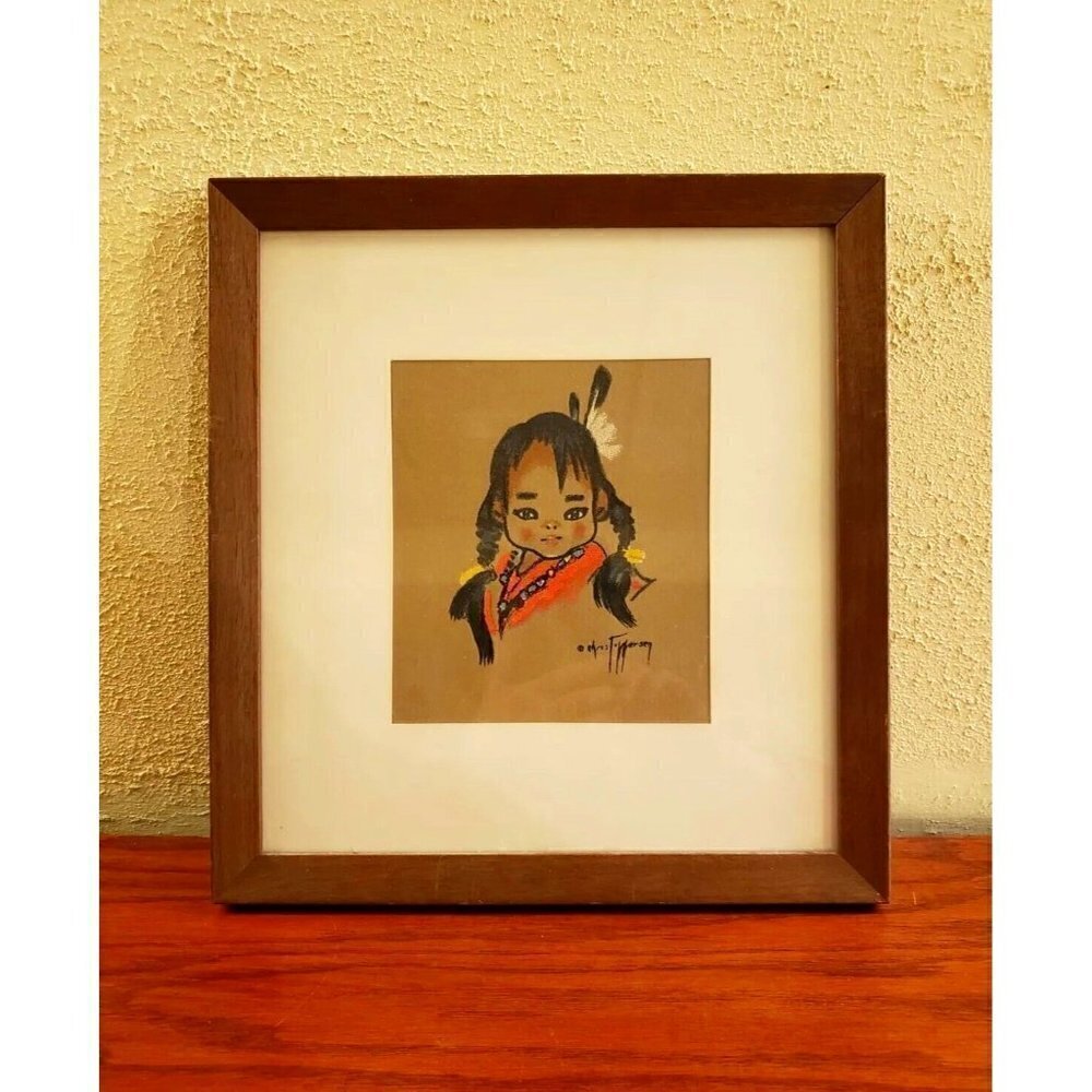Vintage Native American Girl Art Original Pastel Painting Gerda Christoffersen
